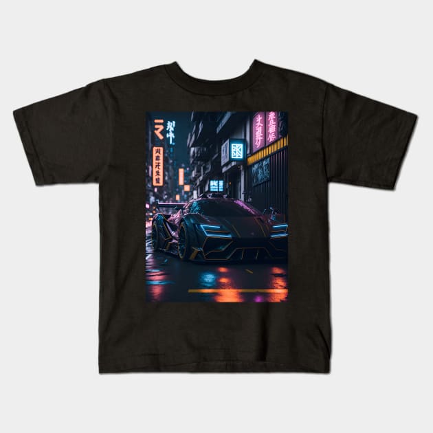 Dark Sports Car in Japanese Neon City Kids T-Shirt by star trek fanart and more